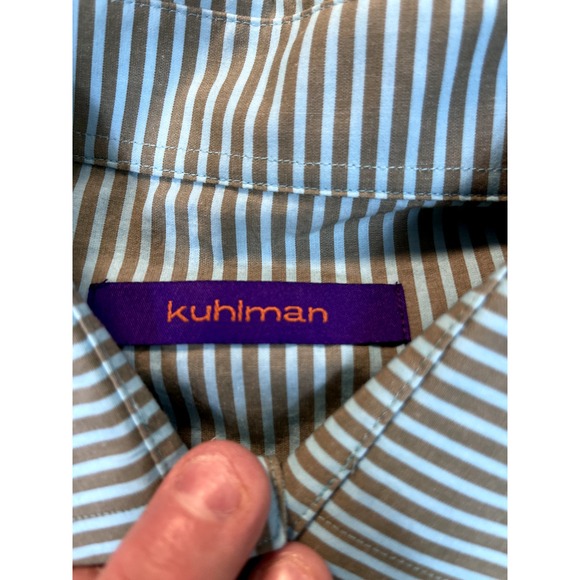 Kuhlman Shirt Mens 42 Button Front Casual Cotton Brown GreenBlue‎ Striped Turkey - Picture 6 of 14